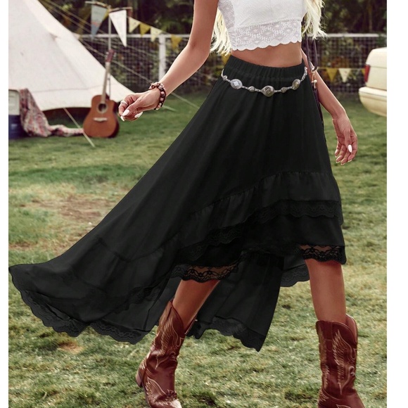 Boho Black lace High low Stretchy Waist Maxi Skirt - Picture 12 of 14